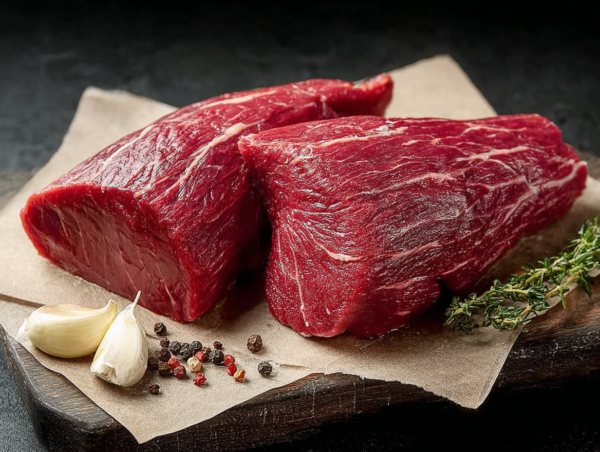 Beef Fillet Tail steaks on baking paper with garlic cloves, peppercorns, and fresh herbs on a wooden board.