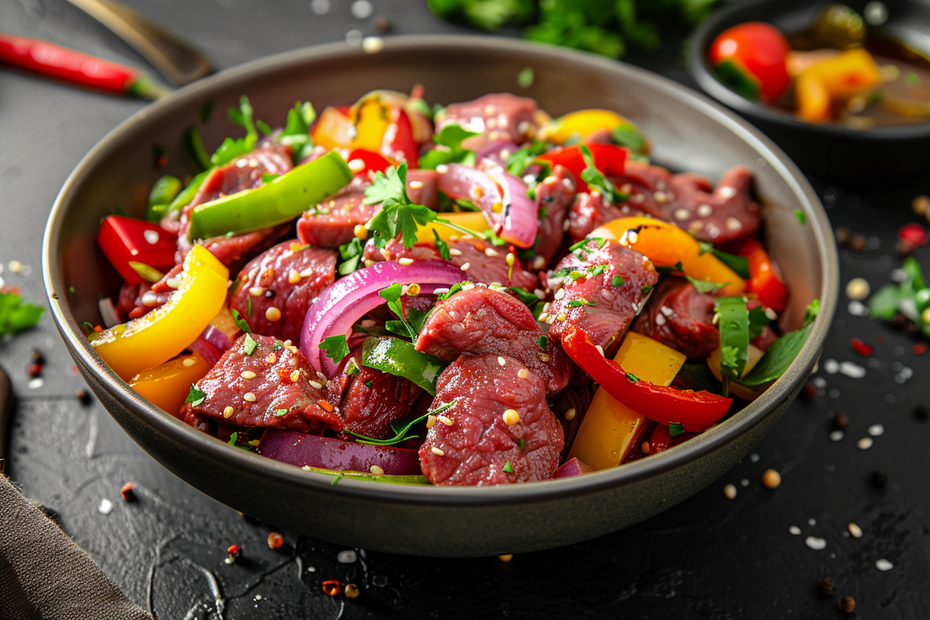Beef Stir Fry Mix: raw beef strips with peppers, red onion, and herbs, ready to cook.