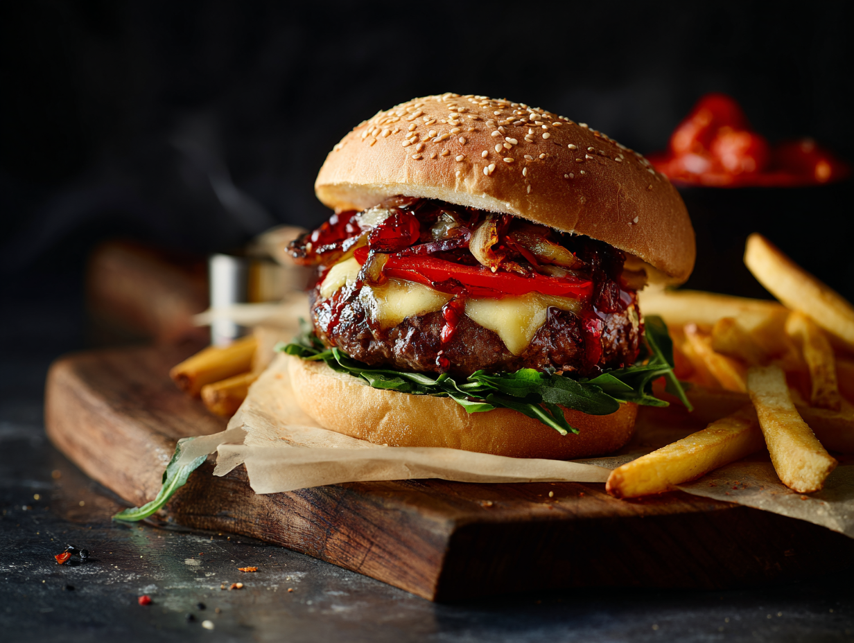 Beef Burger served with lettuce, grilled vegetables, and chips on a wooden board against a dark background.