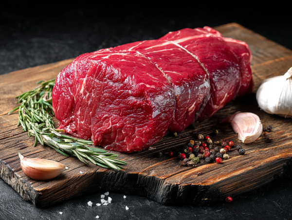 Beef Fillet Whole tied with string on a wooden board with rosemary, garlic, peppercorns, and salt.