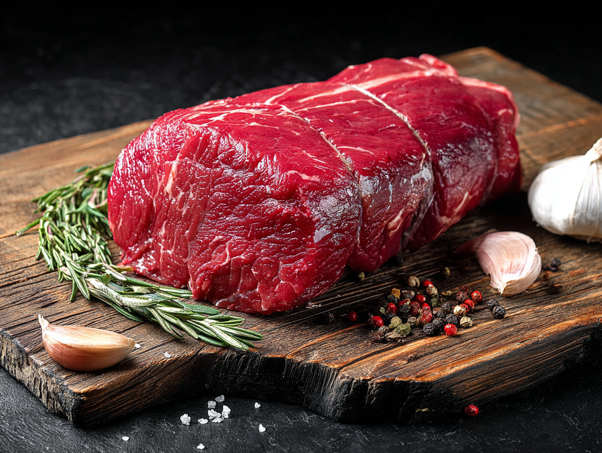 Beef Fillet Whole tied with string on a wooden board with rosemary, garlic, peppercorns, and salt.