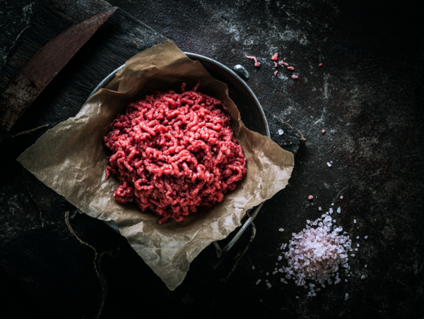 Beef mince in a bowl on baking parchment, with pink salt nearby on a dark textured surface.