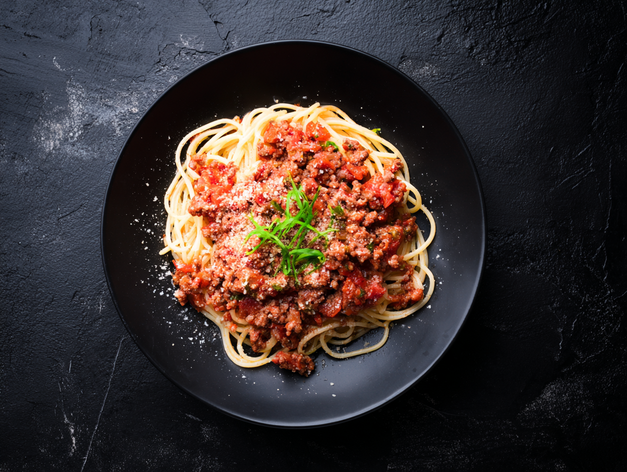 A plate of spaghetti topped with beef mince and herbs, served on a black dish.