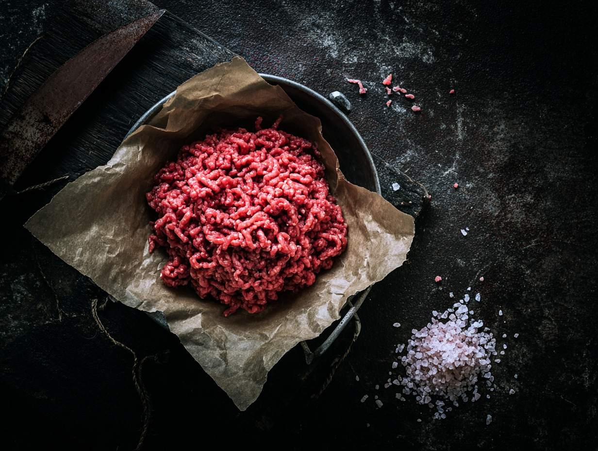 Beef mince in a bowl on baking parchment, with pink salt nearby on a dark textured surface.