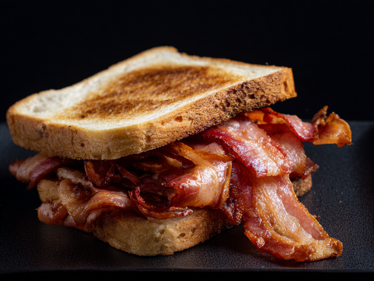 A Beer Back Bacon sandwich on toasted white bread with a generous layer of crispy bacon on a dark surface.