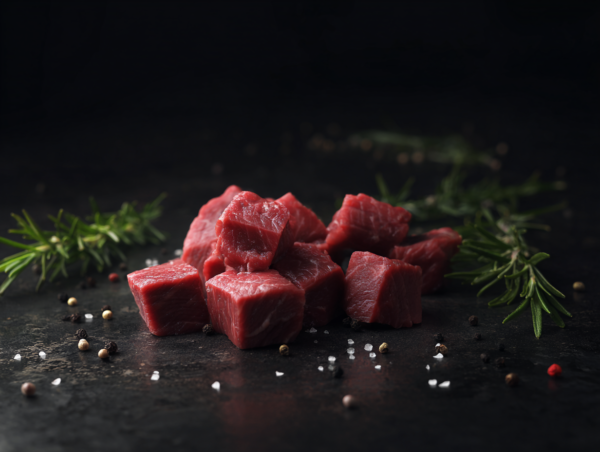 Cubes of Braising Steak on a dark surface, surrounded by rosemary, salt, and peppercorns.