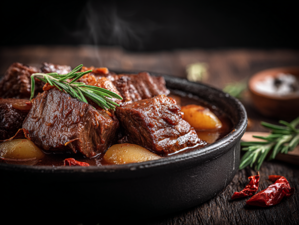 A black bowl filled with braising steak stew, potatoes, herbs, and topped with fresh rosemary.