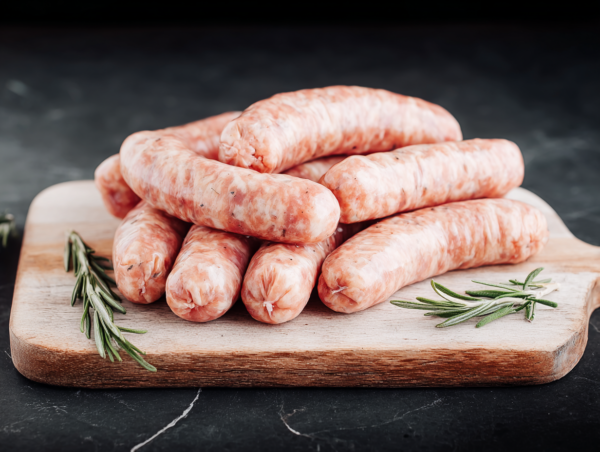 Traditional sausages stacked on a wooden board with rosemary sprigs on a dark background.