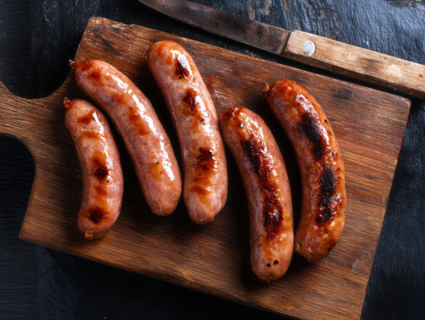 Traditional Sausages, five grilled, served on a wooden chopping board with a knife above.