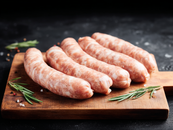 Five Broxstead Sausages on a wooden board with rosemary and salt on a dark background.