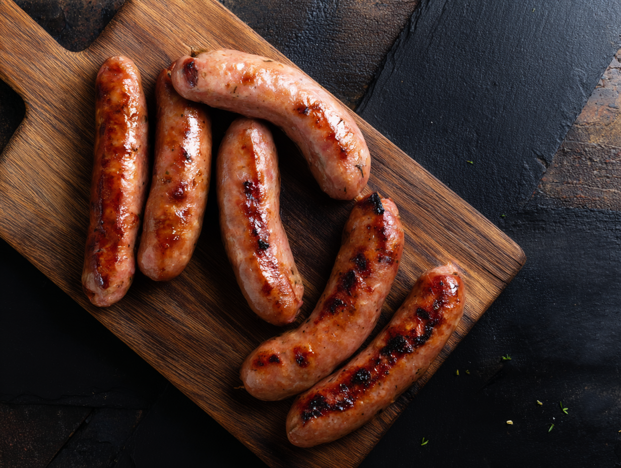 Six Broxstead Sausages cooked and arranged on a wooden chopping board.