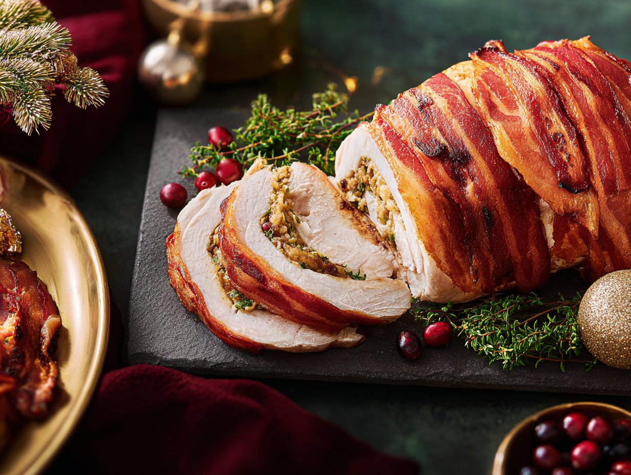 Butterflied & Rolled Turkey Breast Fillet sliced on a slate board, garnished with herbs and cranberries.