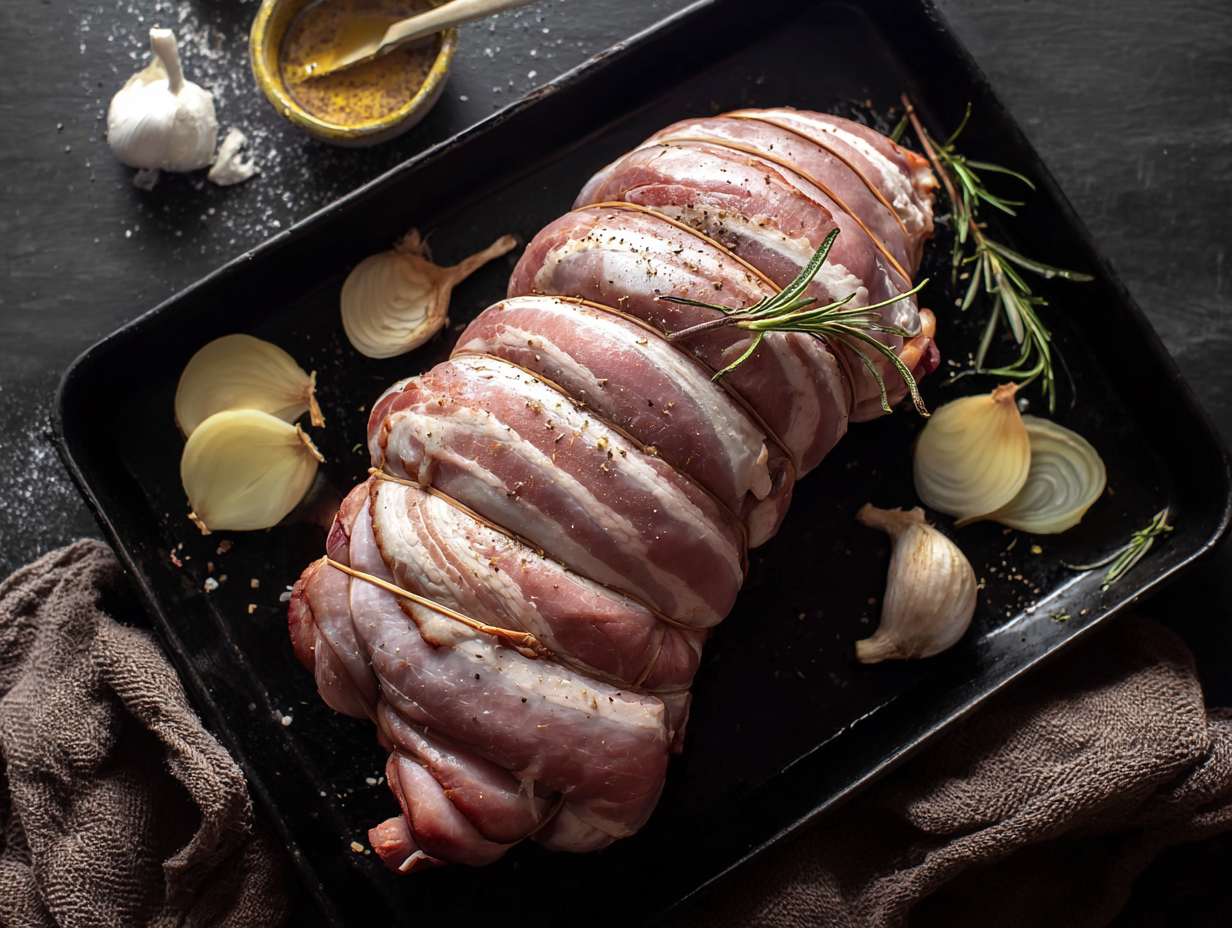 Butterflied & Rolled Turkey Breast Fillet on a tray with onions, garlic, rosemary, and spices.