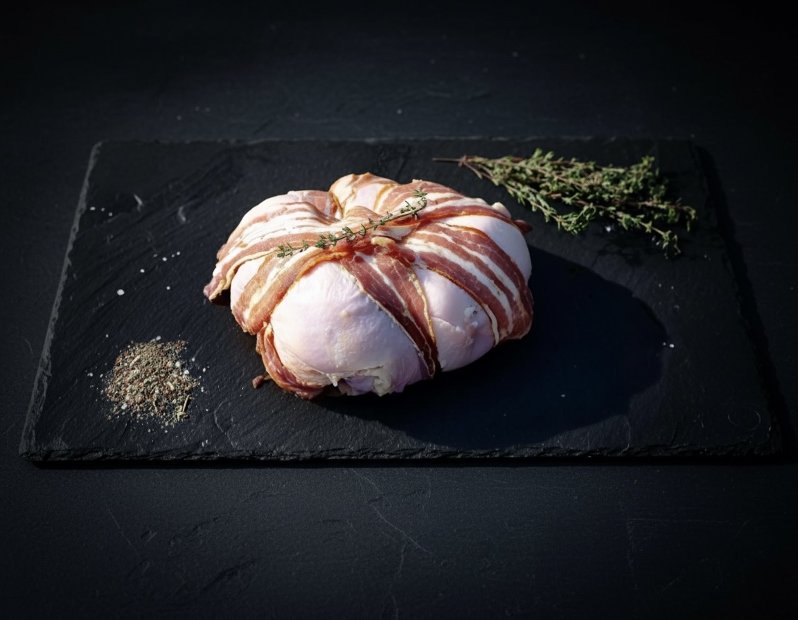 Chicken Cushion wrapped in bacon, topped with herbs and seasoning on a black slate board.