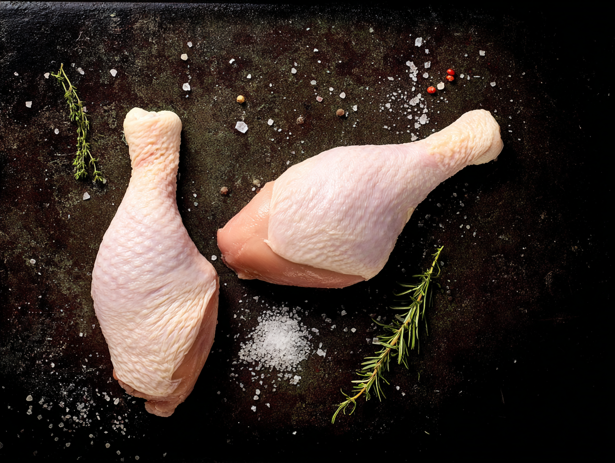 Two Free Range Chicken Legs on a dark surface with rosemary, peppercorns, and coarse salt scattered around.