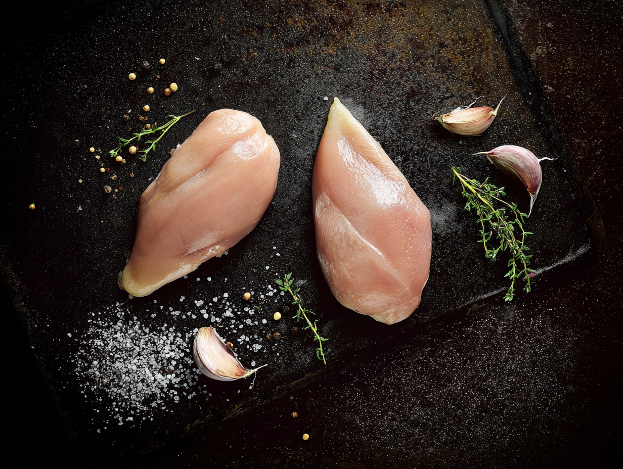 Free-range chicken breast with garlic, salt, peppercorns, and thyme on a dark surface.