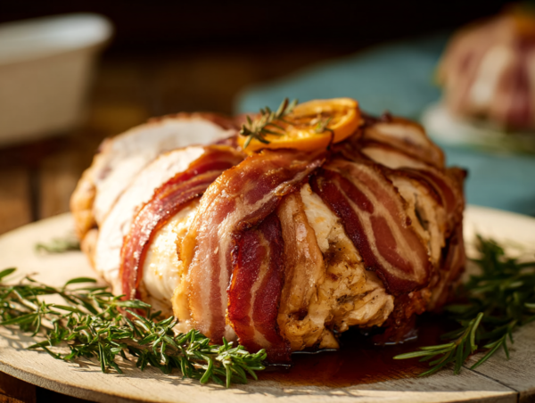 Chicken Cushion wrapped in bacon, garnished with orange slices and rosemary on a wooden board.