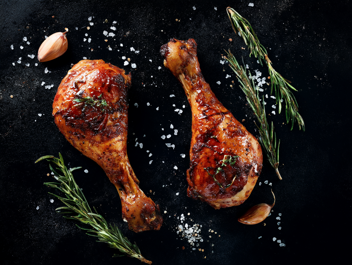 Two Free Range Chicken Legs roasted with rosemary, garlic, and coarse salt on a dark surface.