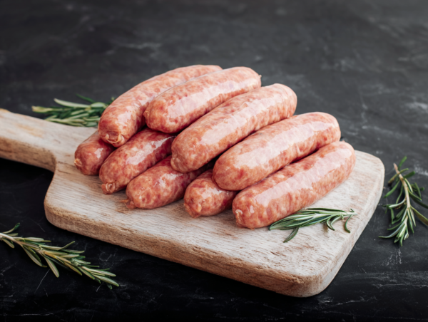 Chipolatas stacked on a wooden board with rosemary sprigs, displayed on a dark worktop.