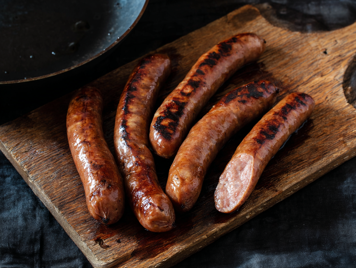 Five chipolatas rest on a wooden chopping board next to a black frying pan.
