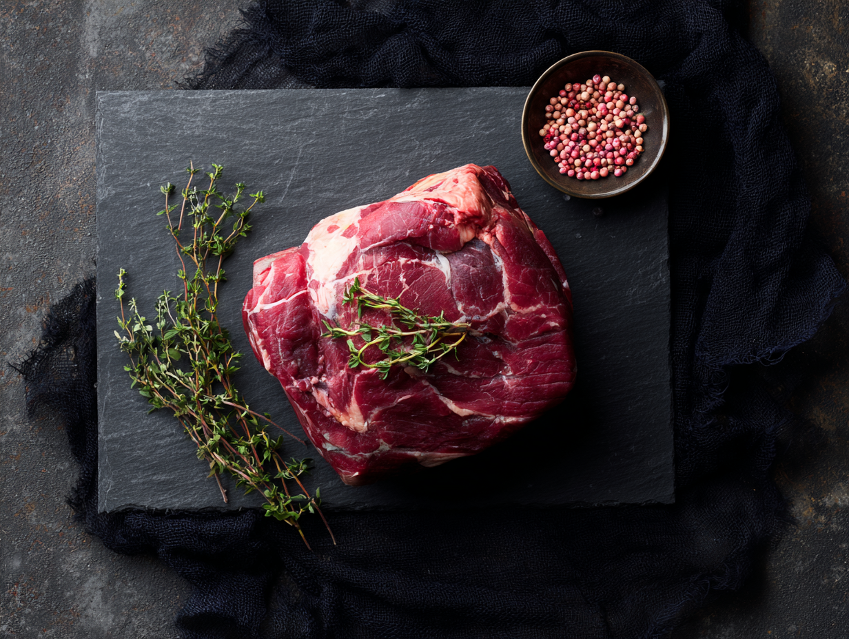 Raw beef chuck joint on a slate board with fresh thyme and a bowl of mixed peppercorns on the side.