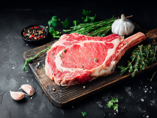 Cowboy steak on a wooden board with herbs, garlic, and peppercorns on a dark background.