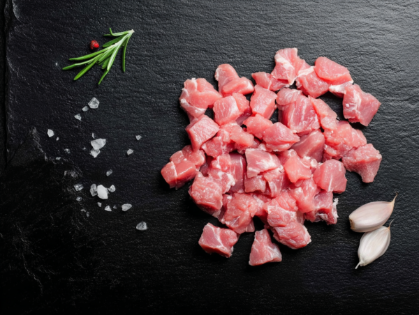 Diced Pork on a black slate board with garlic, rosemary, peppercorns, and coarse salt.
