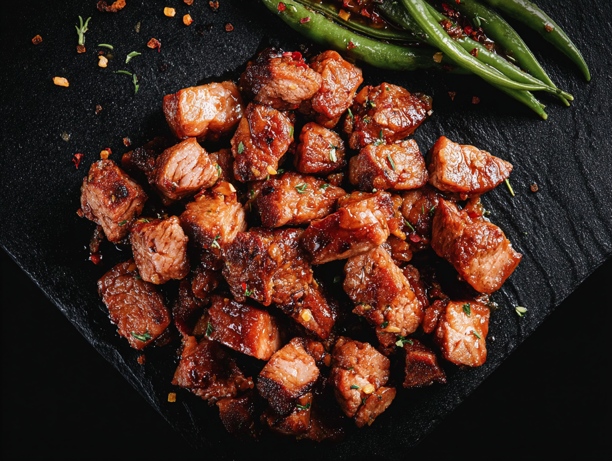 Diced pork pieces on a black plate with green chilli peppers in the background.