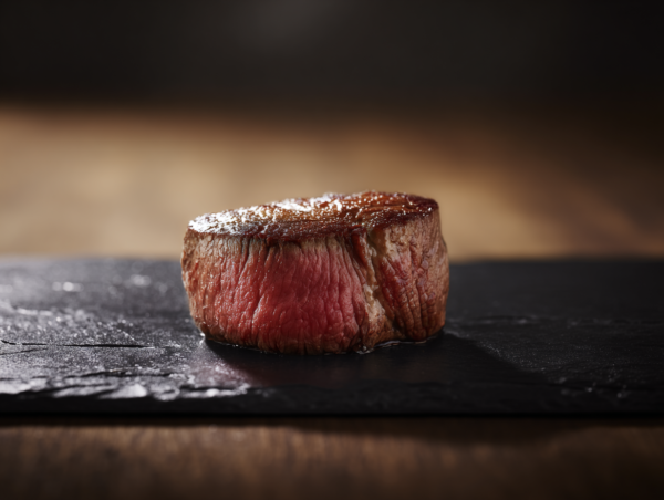 A cooked Fillet Steak rests on a dark slate, featuring a seared exterior and rare centre.