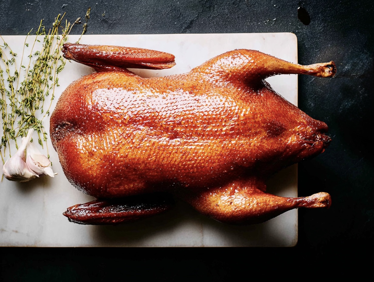 Whole Duck on a white chopping board, served with garlic cloves and fresh herbs.
