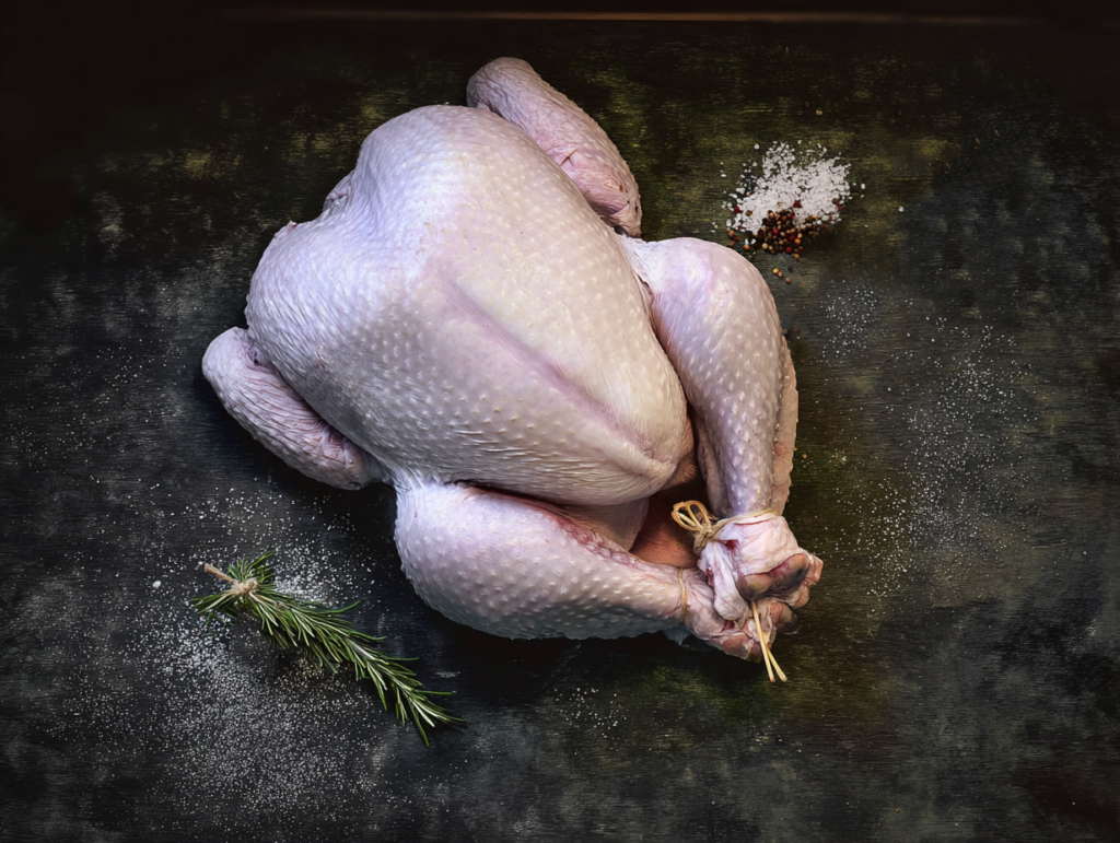 Free-range bronze turkey on a dark surface with rosemary, salt, and pepper nearby.