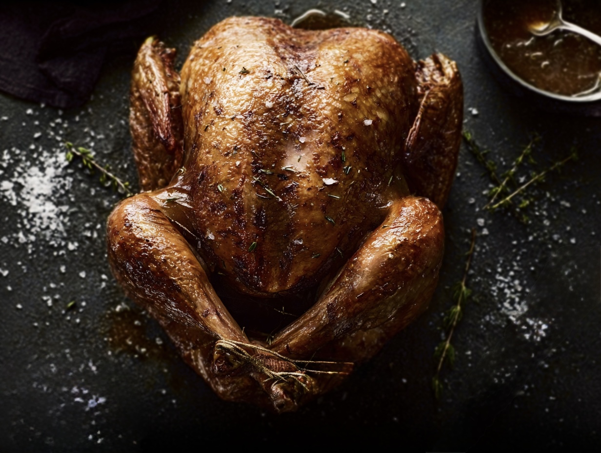 Free Range Bronze Turkey on a dark surface, garnished with herbs, salt, and a bowl of gravy.