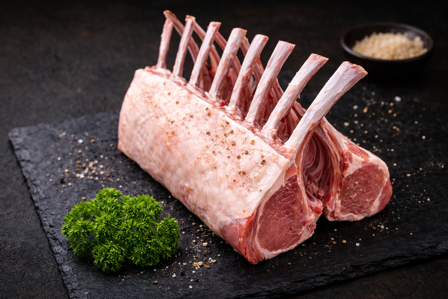 French-trimmed rack of lamb on slate, seasoned with salt and parsley garnish, served with coarse salt.