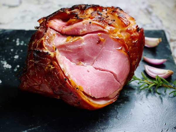 Smoked knuckle gammon with a browned crust sits on a dark slate beside rosemary and garlic cloves.