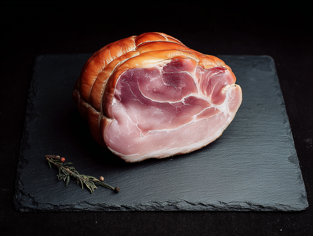 A smoked gammon hock sits on a slate board with rosemary and peppercorns beside it.