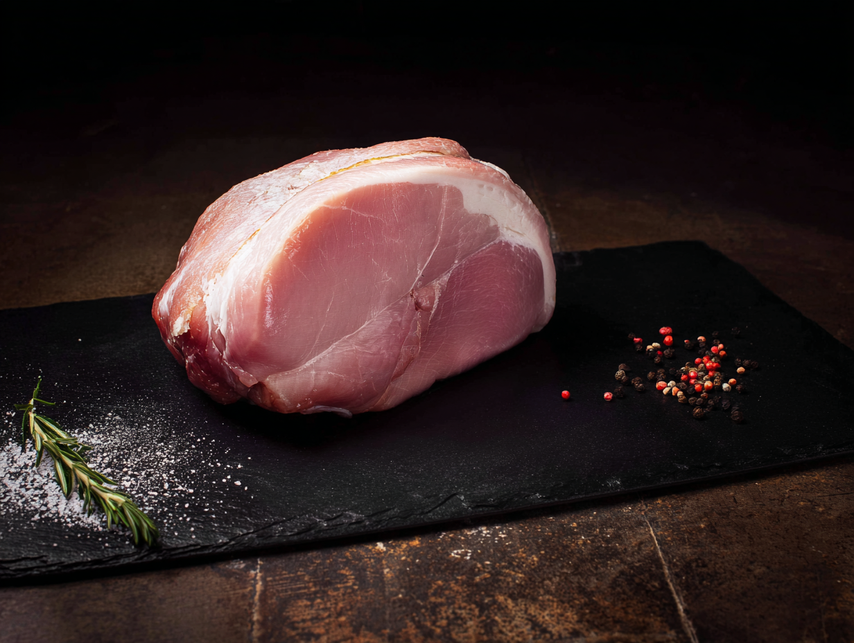 Gammon smoked or unsmoked on black slate with salt, rosemary, and mixed peppercorns by its side.