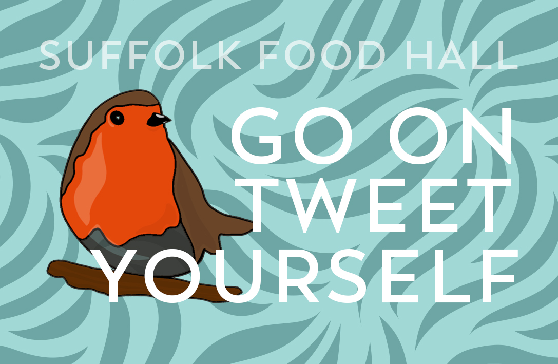 Gift Card featuring a robin on a branch with "Suffolk Food Hall Go On Tweet Yourself"—a perfect present.