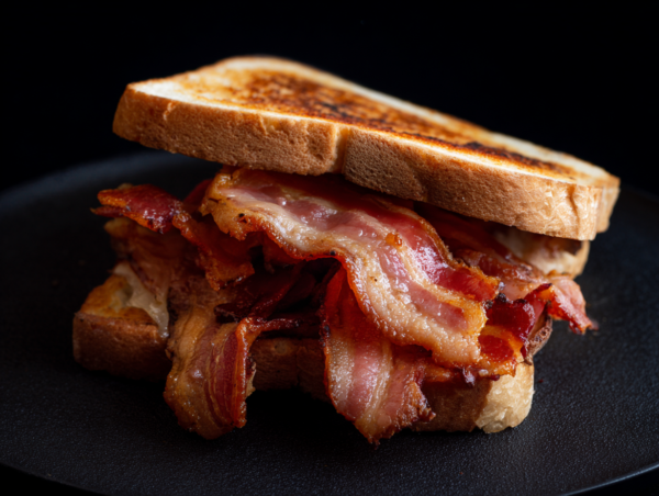 A Green Back Bacon sandwich on toasted bread sits on a black plate against a dark background.