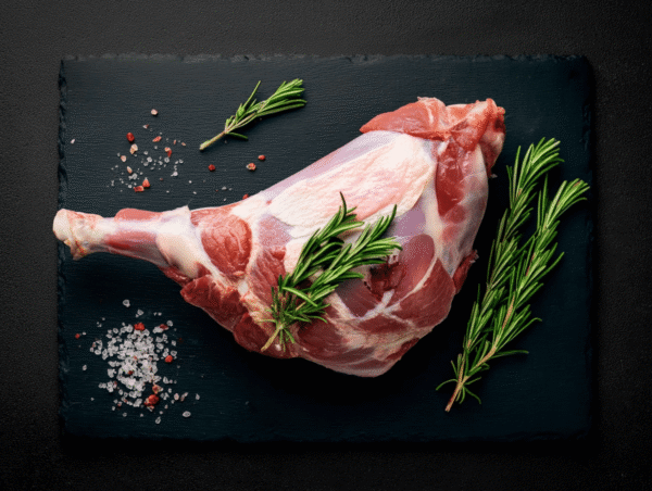 Half leg of lamb garnished with fresh rosemary and coarse salt on a dark slate surface.