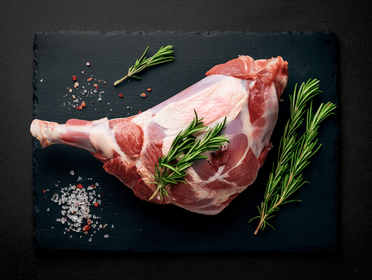 Half leg of lamb garnished with fresh rosemary and coarse salt on a dark slate surface.