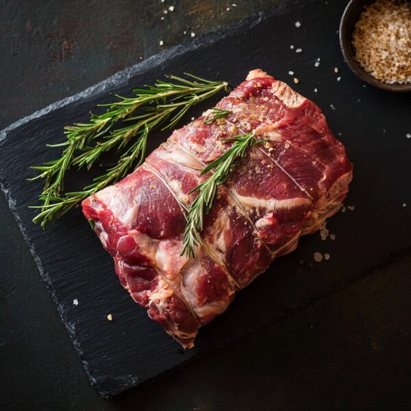 Half Shoulder of Lamb on a black slate board, garnished with rosemary and coarse salt, with a bowl of salt nearby.