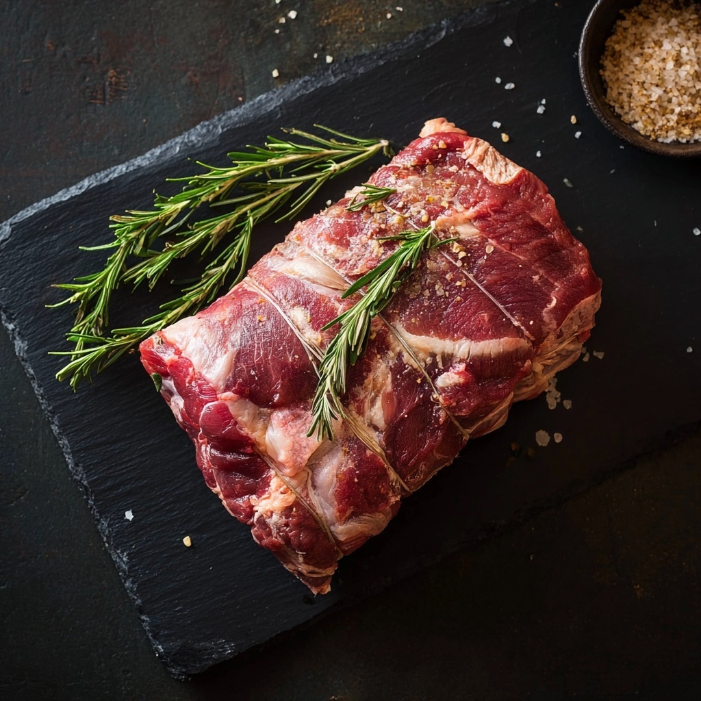Half Shoulder of Lamb on a black slate board, garnished with rosemary and coarse salt, with a bowl of salt nearby.