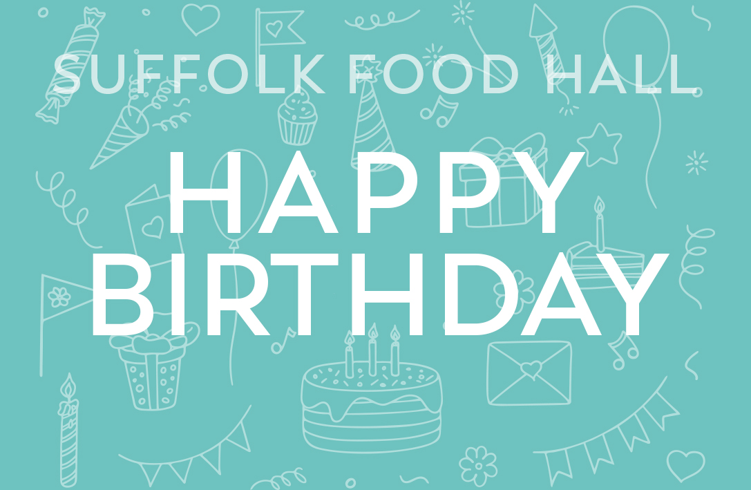 A teal background with Suffolk Food Hall. Happy Birthday text and white birthday-themed line drawings.