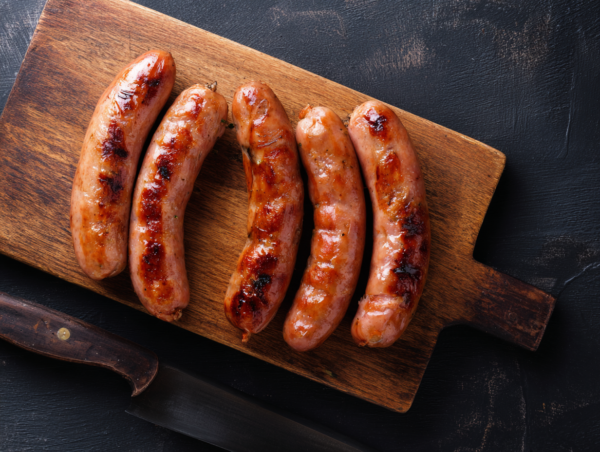 Five Jones' Course Cut Sausages lined up on a wooden board with a knife beside them.