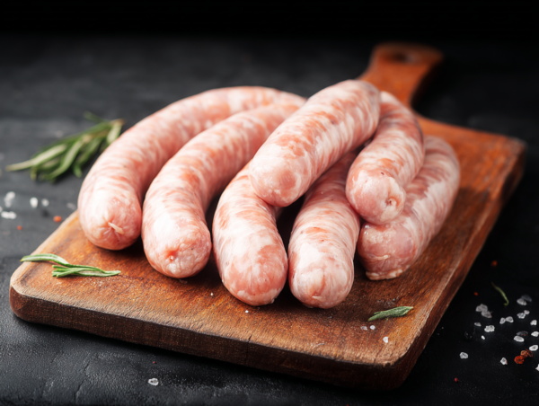 Jones' Course Cut Sausages on a wooden board, garnished with herbs and a sprinkle of salt.