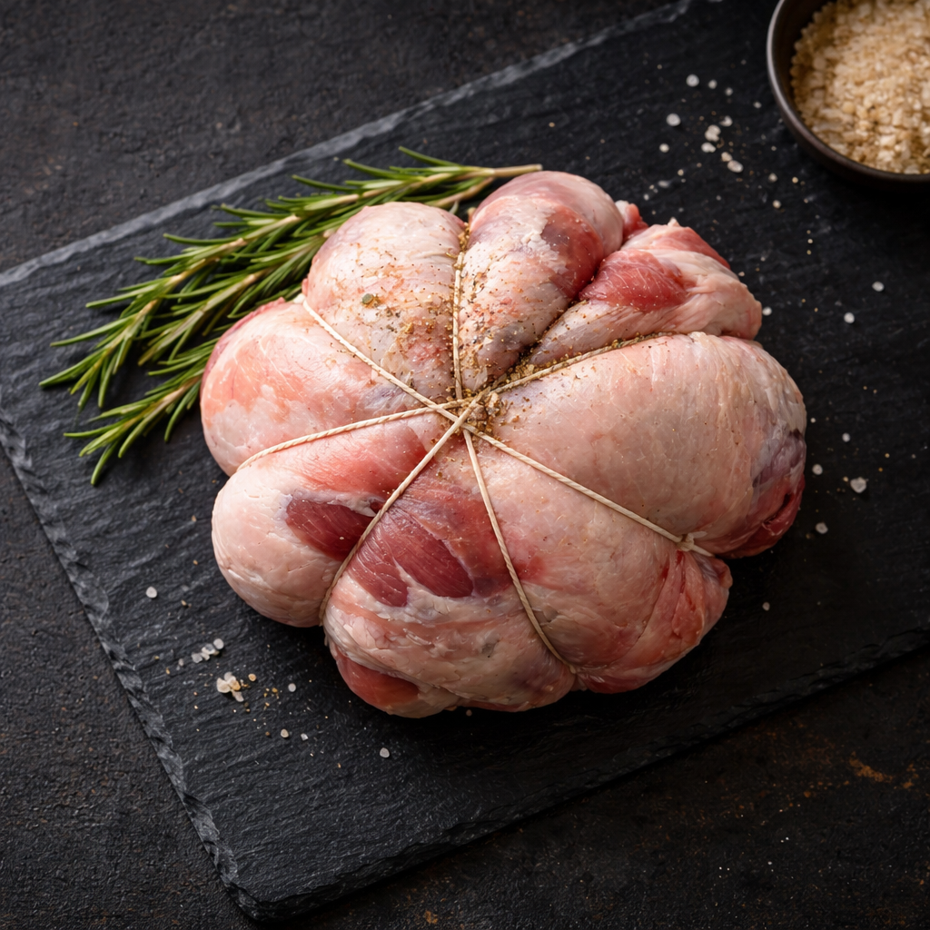 Lamb Shoulder 'En Balon' seasoned with pepper, salt, and rosemary on a black slate board.
