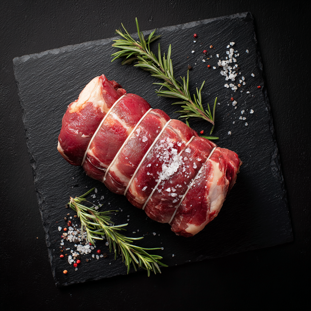 Leg of Lamb Boned & Rolled tied with string, salted, and garnished with rosemary on black slate.