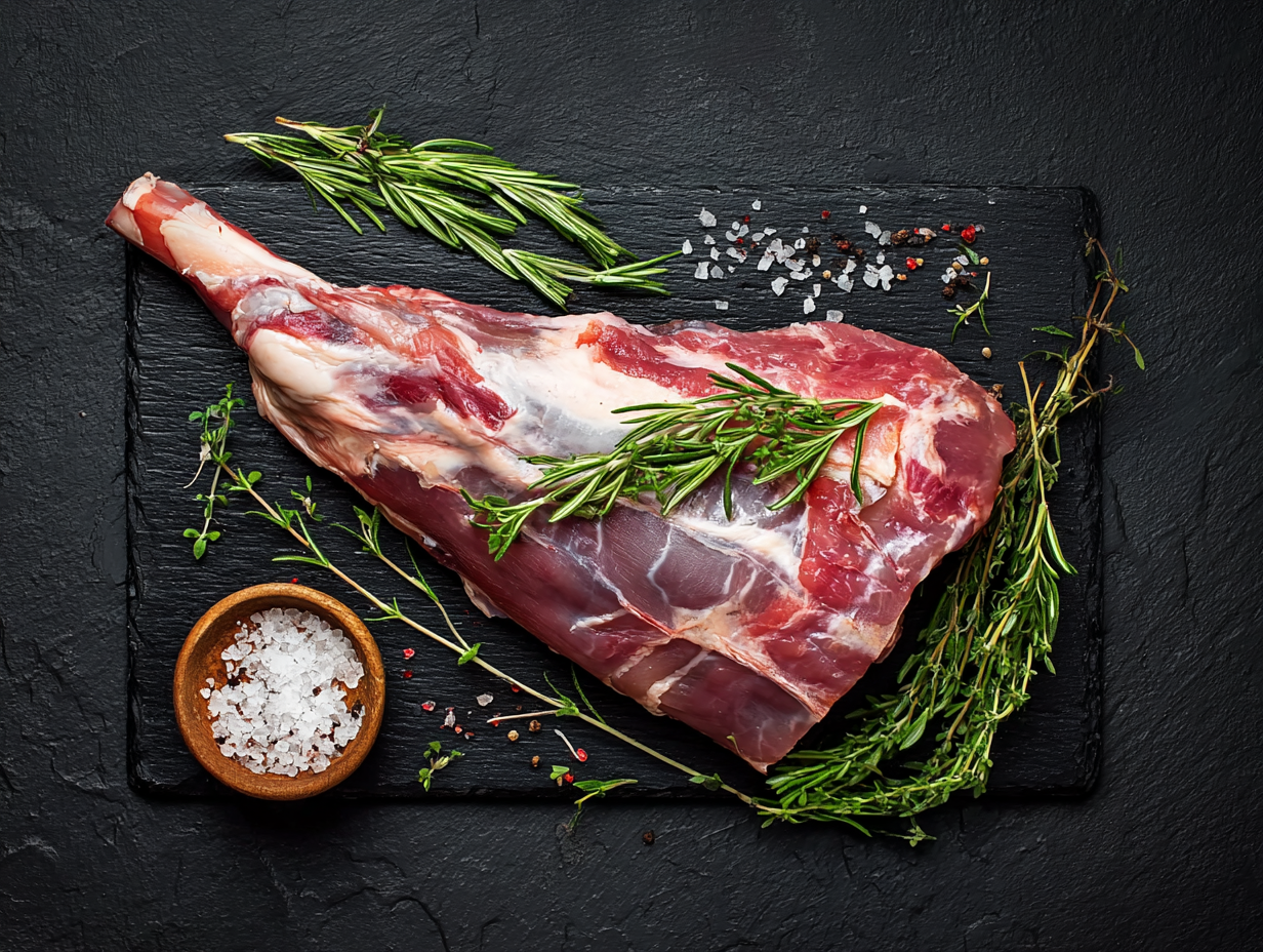 Leg of lamb on a black slate board with rosemary, thyme, salt, and peppercorns.