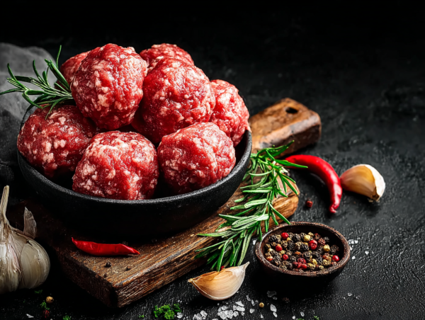 Beef meatballs in a black bowl with rosemary, garlic, chilli peppers, and mixed peppercorns on a wooden board.