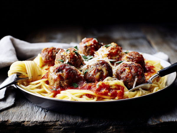 A plate of spaghetti with Beef Meatballs, tomato sauce, cheese, herbs, and a fork.